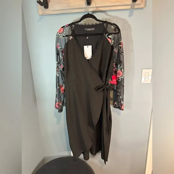 Little Mistress Plus Wrapover Black Pencil Dress With Embroidered Sleeve Detail