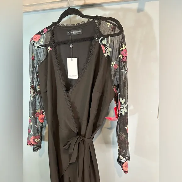 Little Mistress Plus Wrapover Black Pencil Dress With Embroidered Sleeve Detail