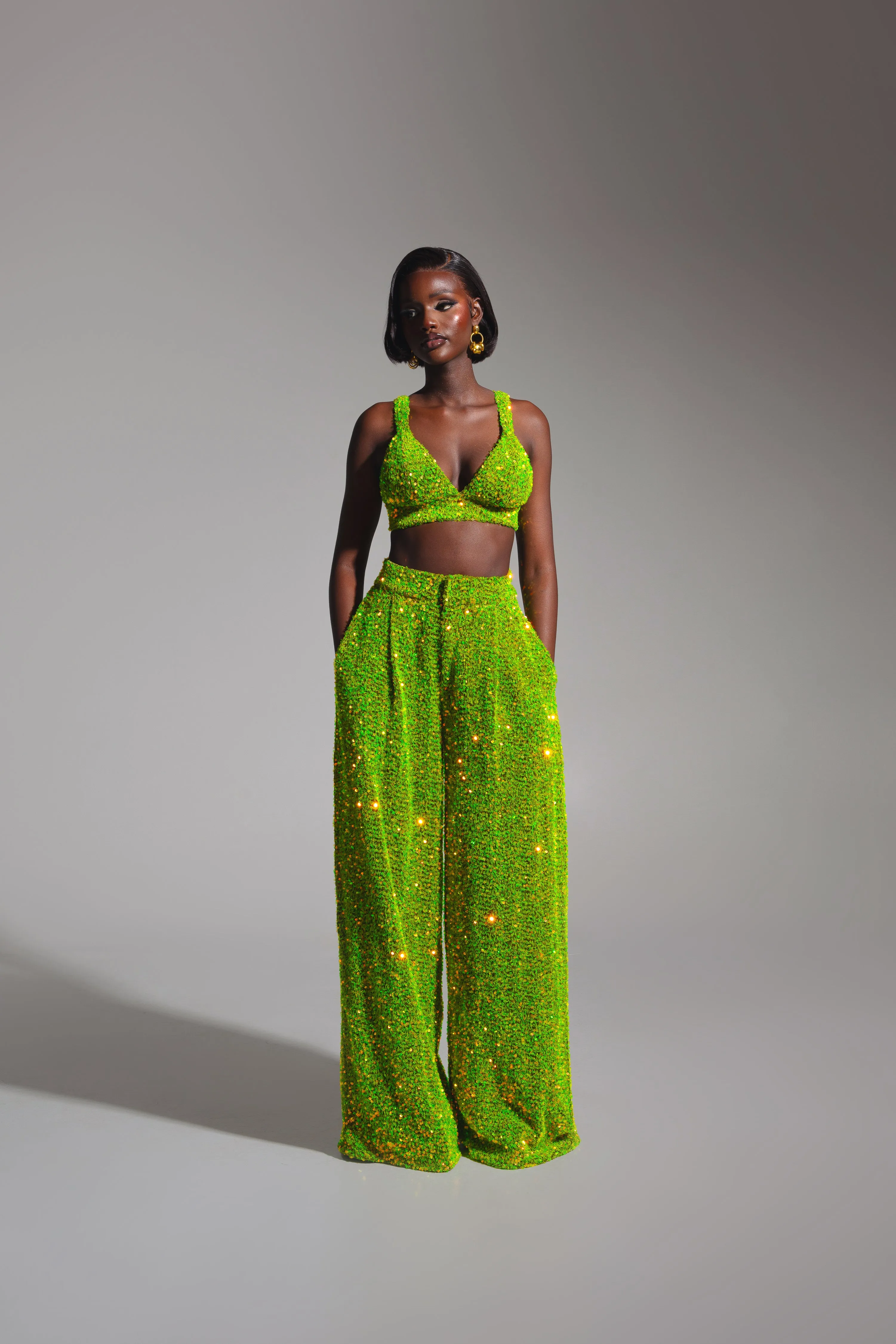 LIZA Sequin Bra Top in OLIVINE