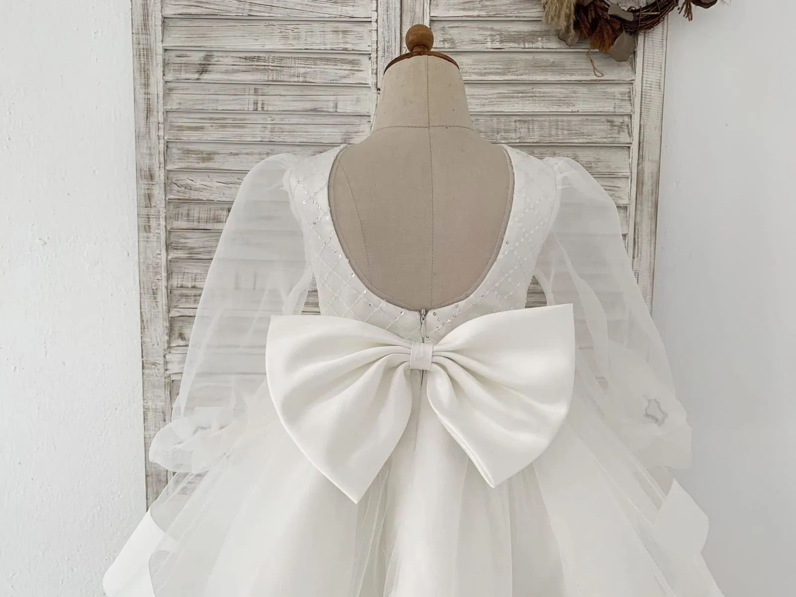 Long Organza Sleeves Sequin Tulle V Back Horsehair Wedding Flower Girl Dress