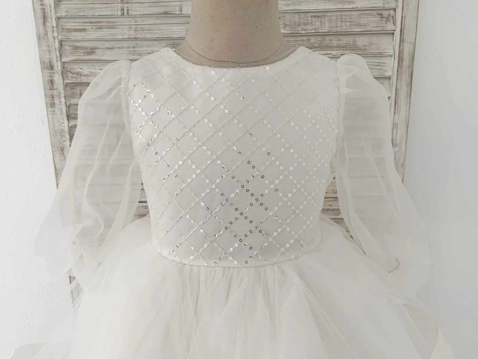 Long Organza Sleeves Sequin Tulle V Back Horsehair Wedding Flower Girl Dress