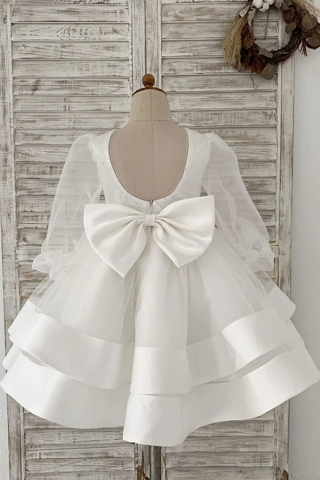 Long Organza Sleeves Sequin Tulle V Back Horsehair Wedding Flower Girl Dress