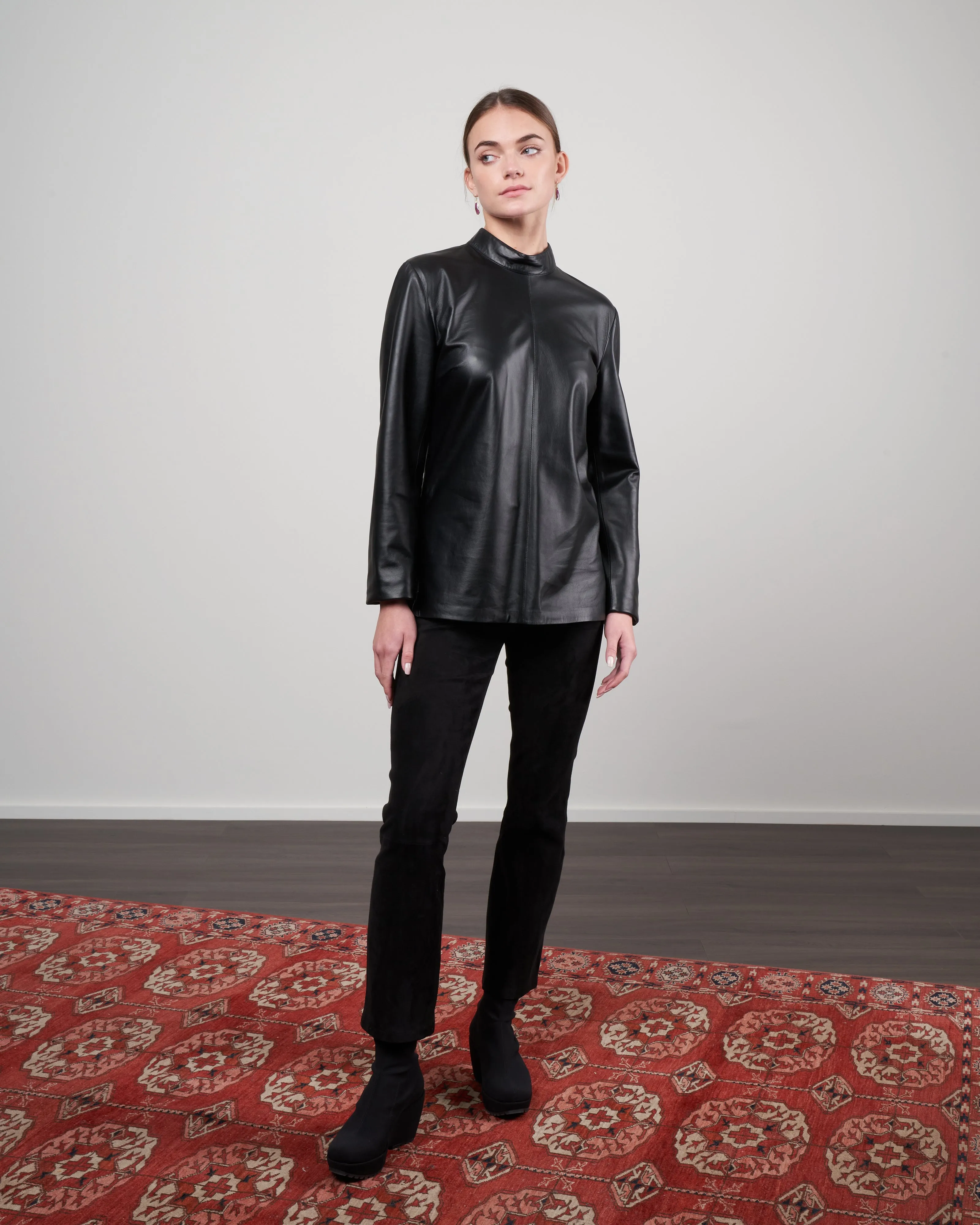 long sleeve leather top - black