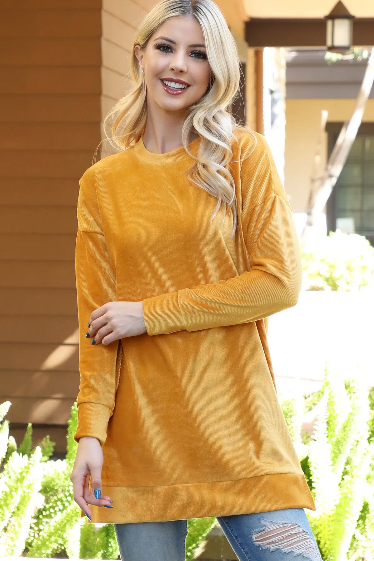 Long Sleeve Velvet Corduroy Top with Side Slit