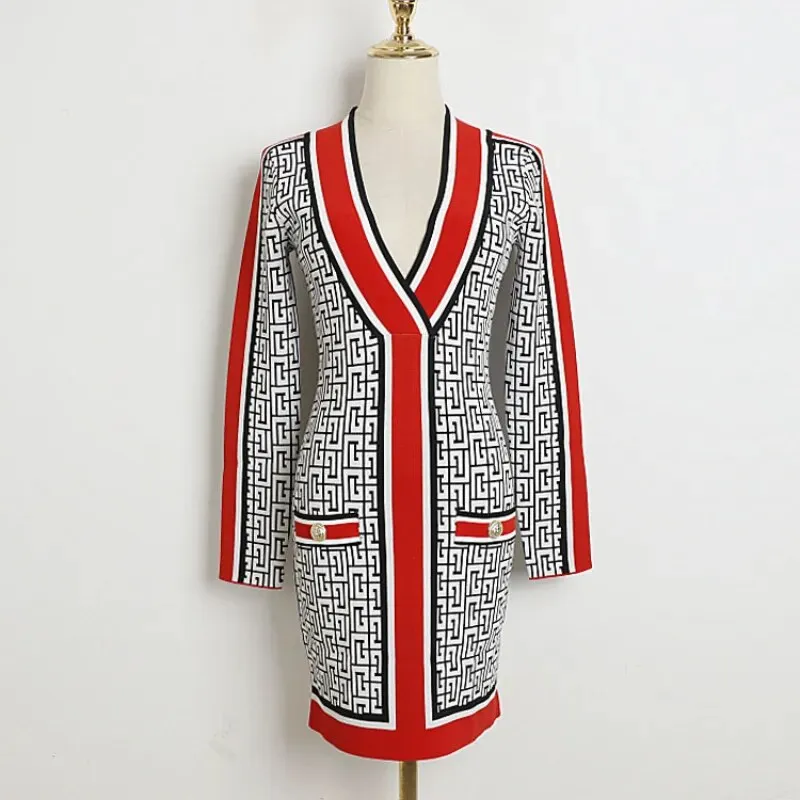 Luxury Vintage V-neck Knitted Sweater Dress