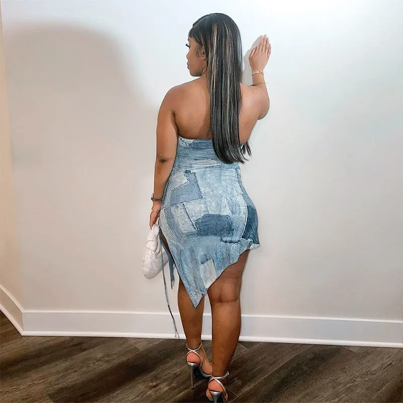 M23DS101European and American Women's Clothing Summer New Denim Printed off-Shoulder Drawstring Pleated Strap Sheath Dress