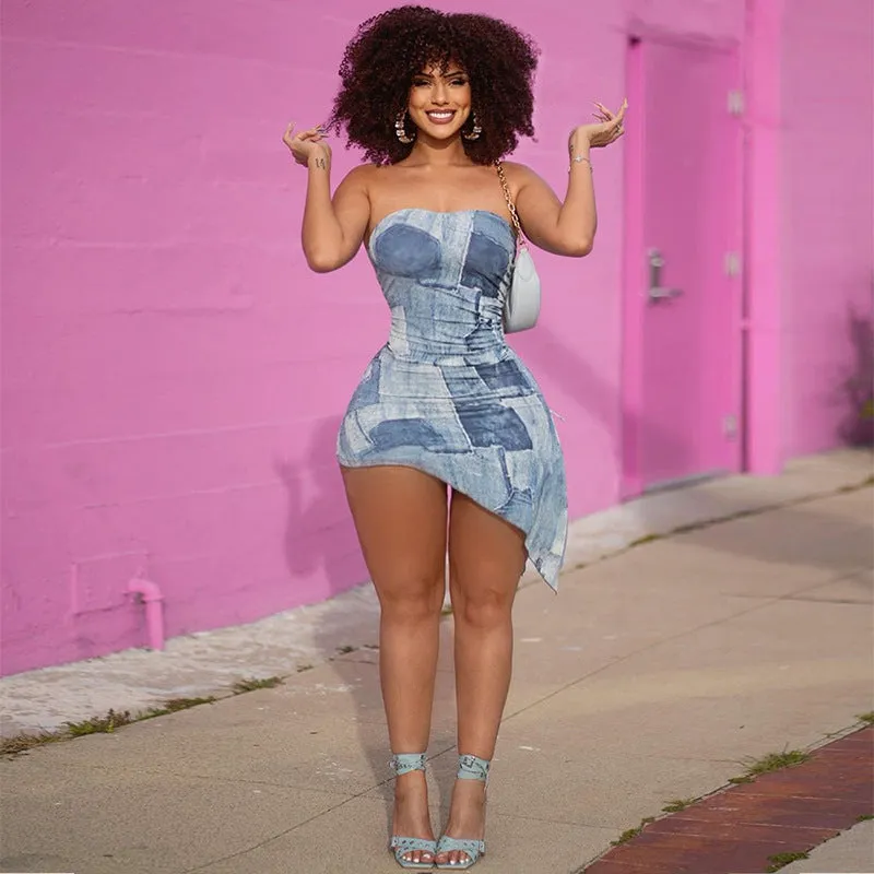 M23DS101European and American Women's Clothing Summer New Denim Printed off-Shoulder Drawstring Pleated Strap Sheath Dress