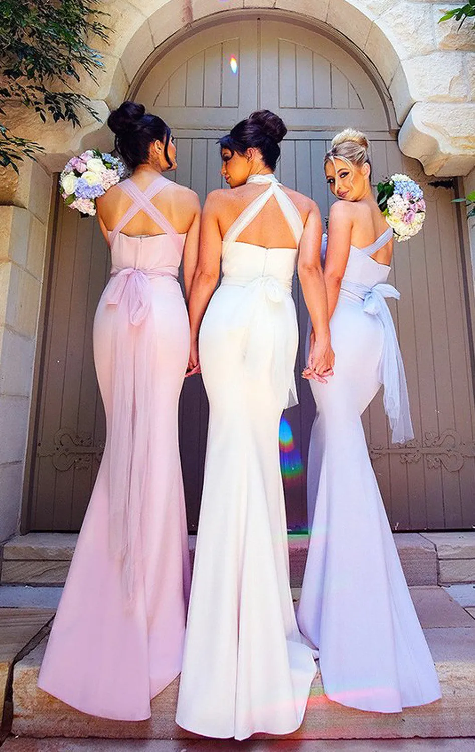 MACloth Convertible Wrap Tie Jersey Long Bridesmaid Dress Pink Mermaid Formal Gown