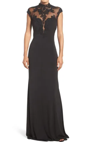 MACloth Mermaid Cap Sleeves Lace Jersey Evening Gown Black Mother of the Brides Dress