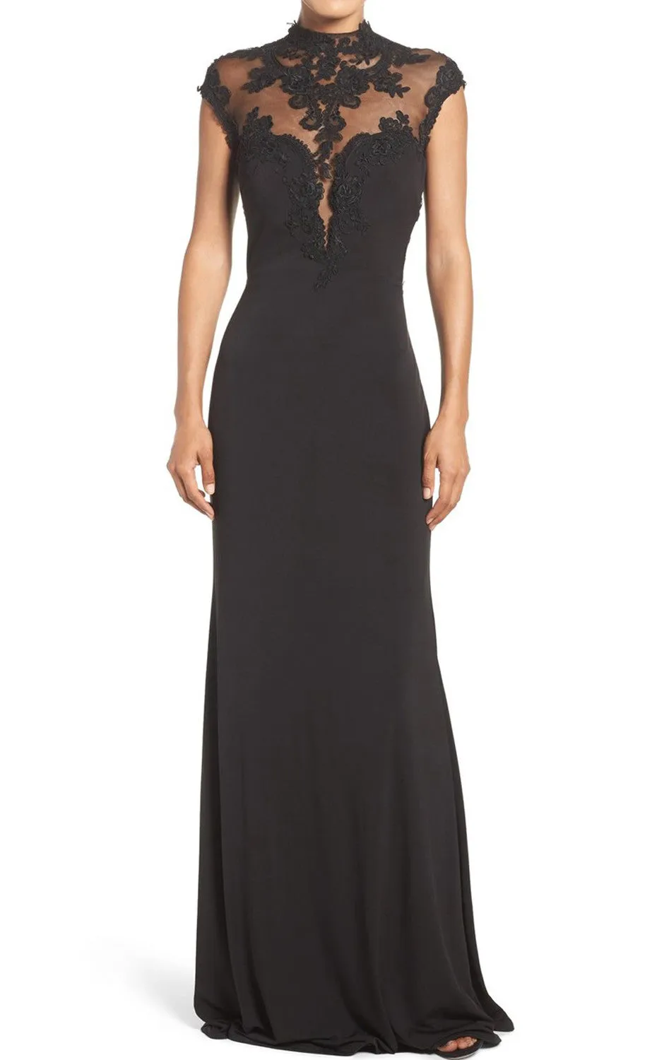 MACloth Mermaid Cap Sleeves Lace Jersey Evening Gown Black Mother of the Brides Dress