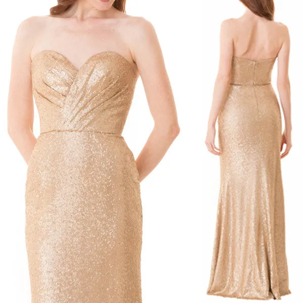 MACloth Mermaid Strapless Rose Gold Bridesmaid Dress Sequin Formal Evening Gown