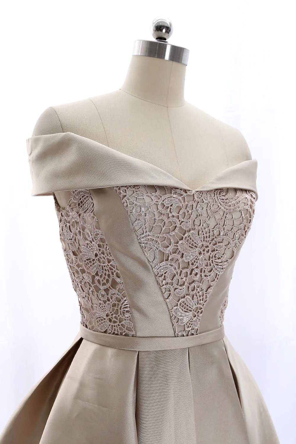 MACloth Off the Shoulder Lace Satin Champagne Mini Prom Homecoming Dress