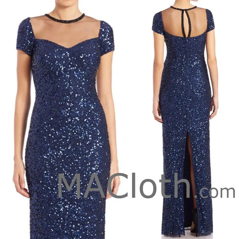 MACloth Women Cap Sleeves Sequin Dark Navy Long Bridesmaid Dress Evening Gown
