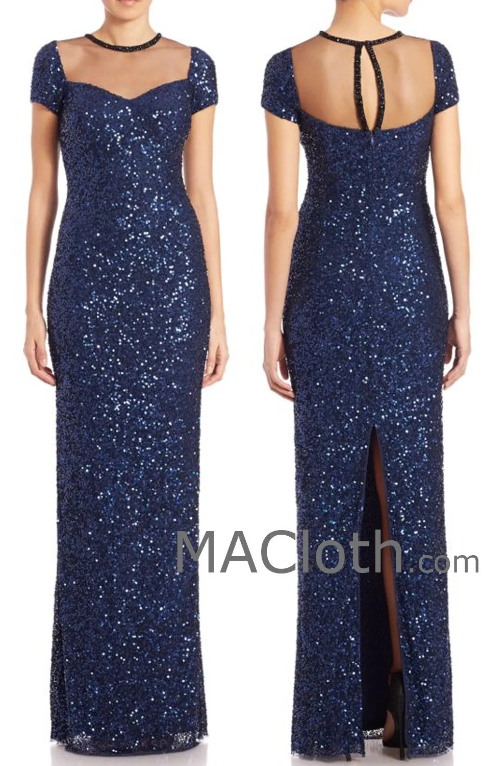 MACloth Women Cap Sleeves Sequin Dark Navy Long Bridesmaid Dress Evening Gown