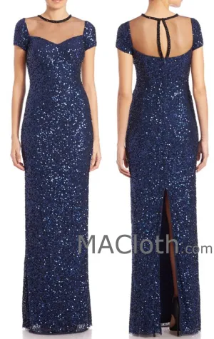 MACloth Women Cap Sleeves Sequin Dark Navy Long Bridesmaid Dress Evening Gown
