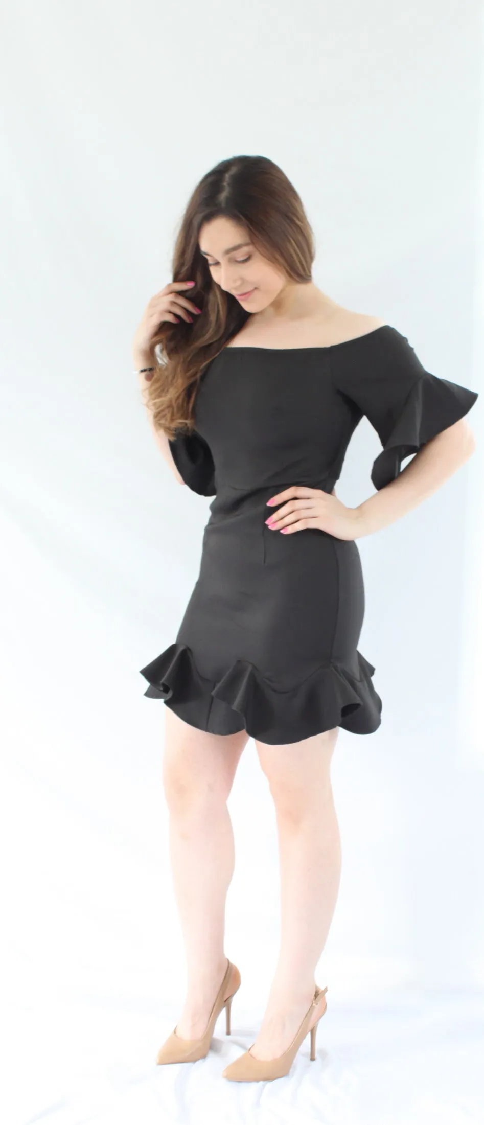 MADDISON RUFFLE ME OFF THE SHOULDER BLACK DRESS
