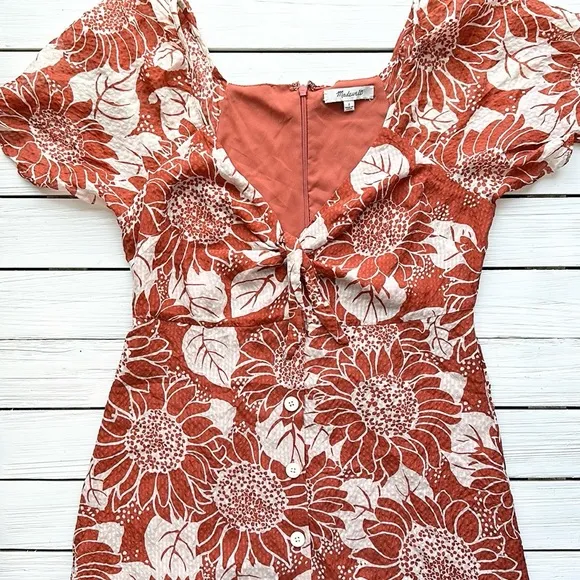 Madewell Silk Tie-Front Mini Dress in Sunflower Season Orange Cream size 2