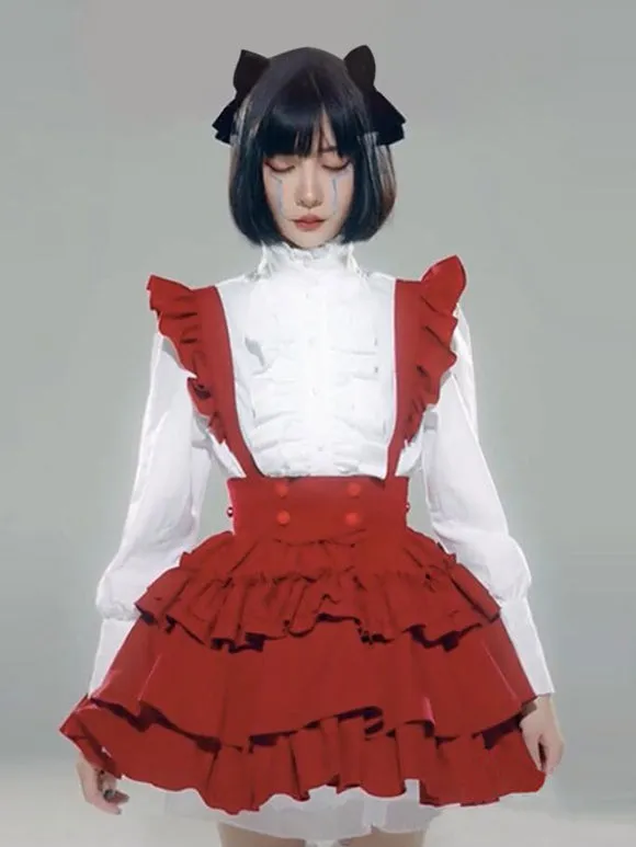 Maid Lolita Dresses Ruffles Red Long Sleeves Lolita Dress
