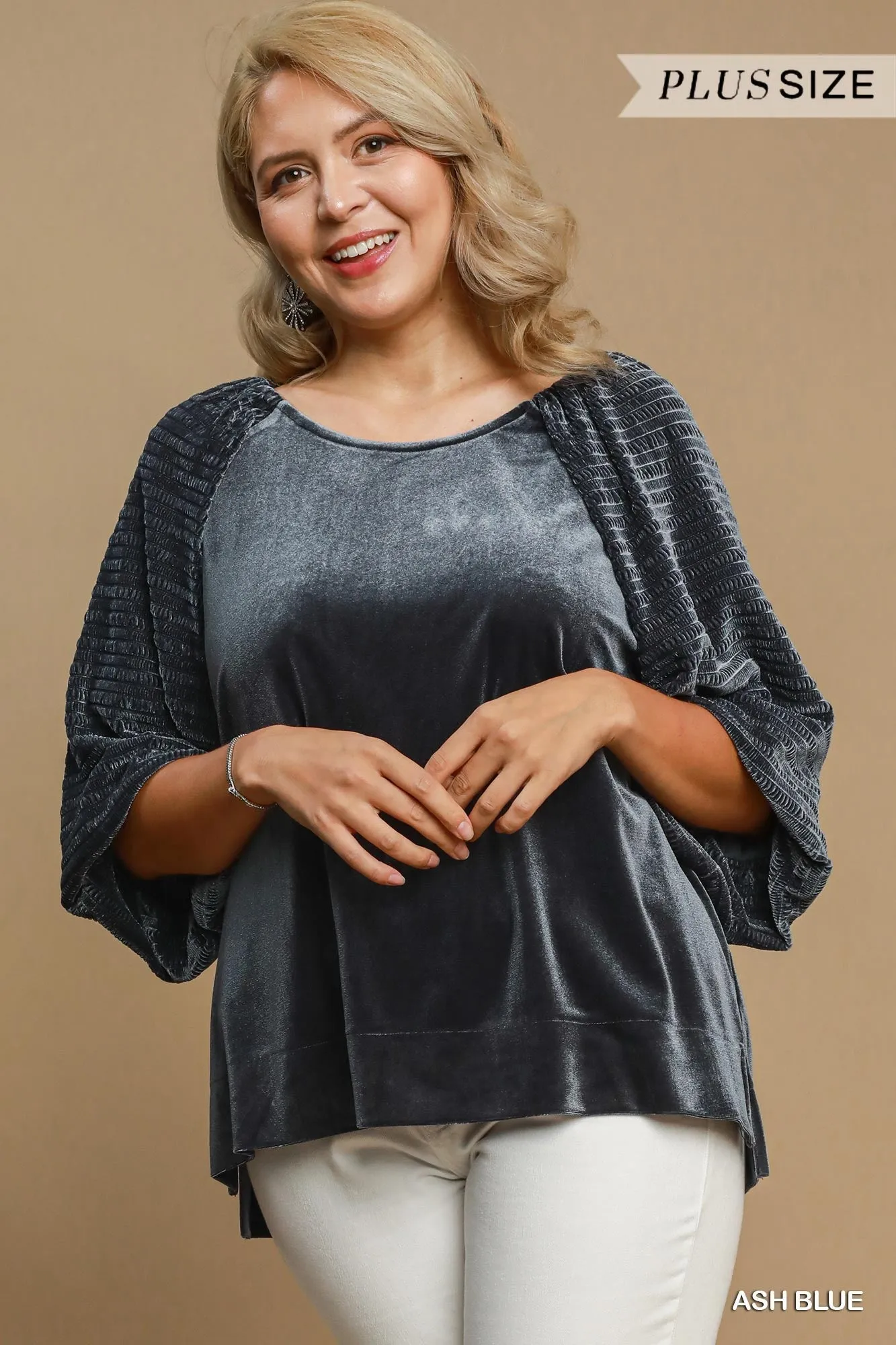 Malone Round Neck Velvet Top - Ash Blue