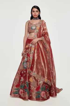 Maroon Juna Tissue Appliquéd and Embellished Lehenga With Blouse And Cutwork Tissue Dupatta