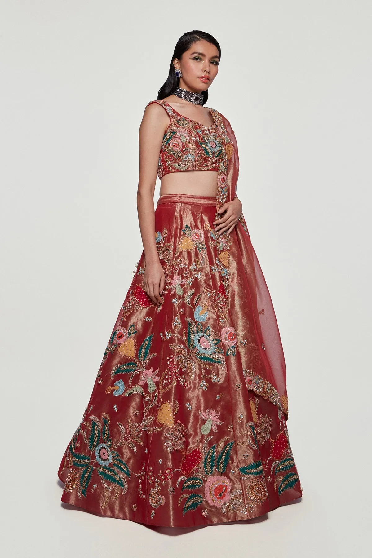 Maroon Juna Tissue Appliquéd and Embellished Lehenga With Blouse And Cutwork Tissue Dupatta