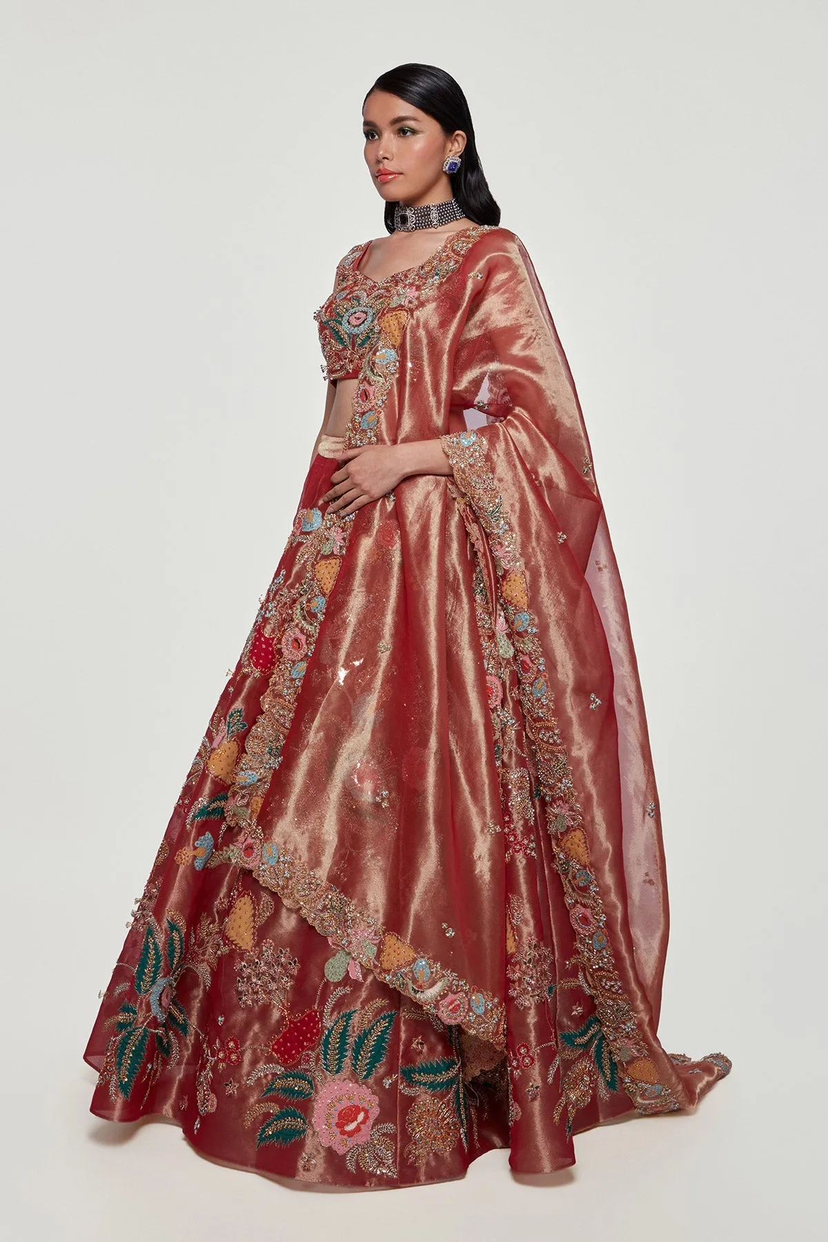 Maroon Juna Tissue Appliquéd and Embellished Lehenga With Blouse And Cutwork Tissue Dupatta