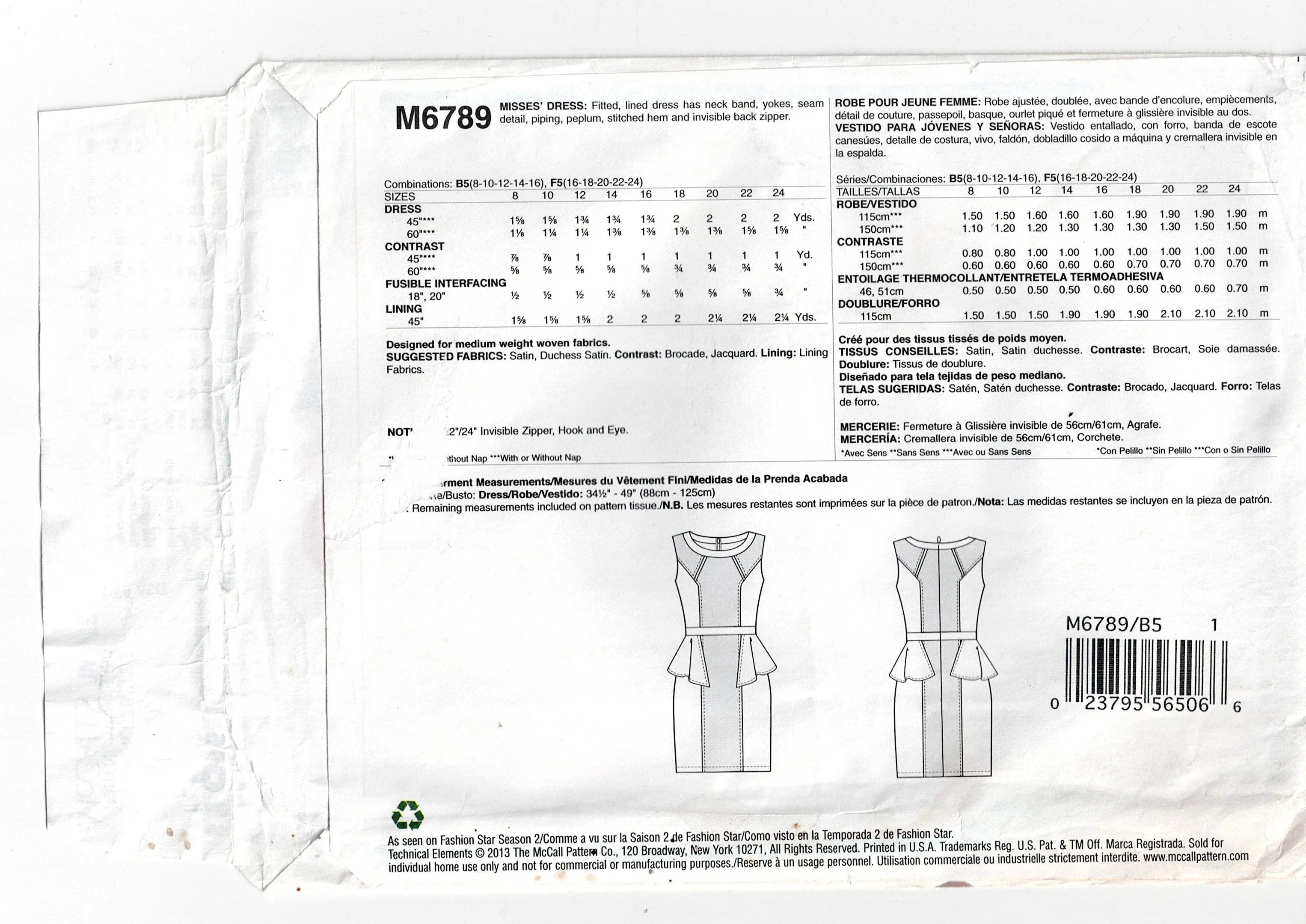 McCall's 6789 FASHION STAR Womens Colour Blocked Peplum Sheath Dress Out Of Print Sewing Pattern Sizes 8 - 16 UNCUT Factory Folded