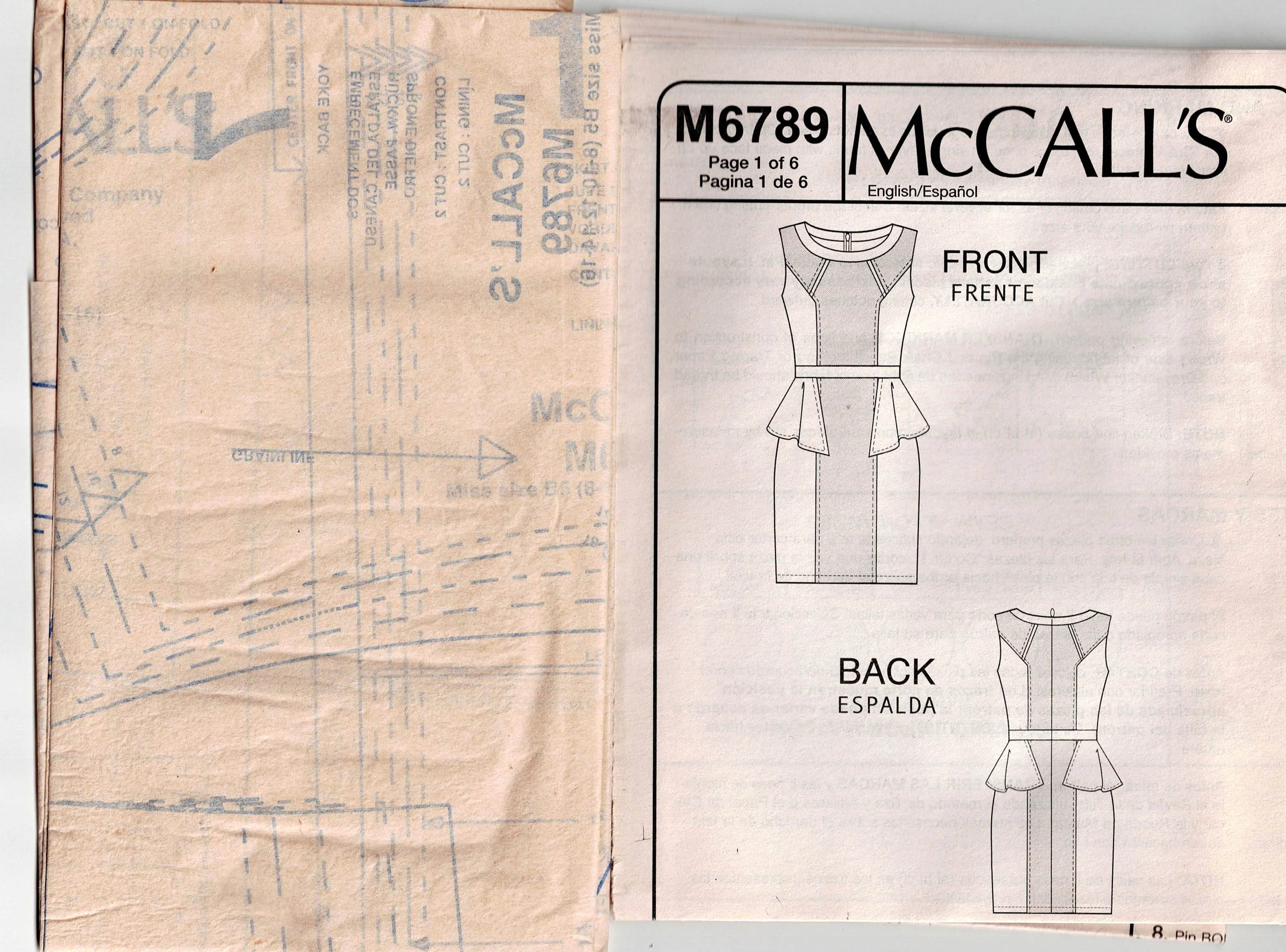 McCall's 6789 FASHION STAR Womens Colour Blocked Peplum Sheath Dress Out Of Print Sewing Pattern Sizes 8 - 16 UNCUT Factory Folded