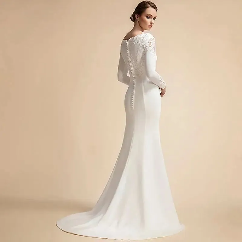 Mermaid Button Wedding Dresses Long Sleeves Ivory Bridal Gowns for Bride