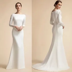 Mermaid Button Wedding Dresses Long Sleeves Ivory Bridal Gowns for Bride