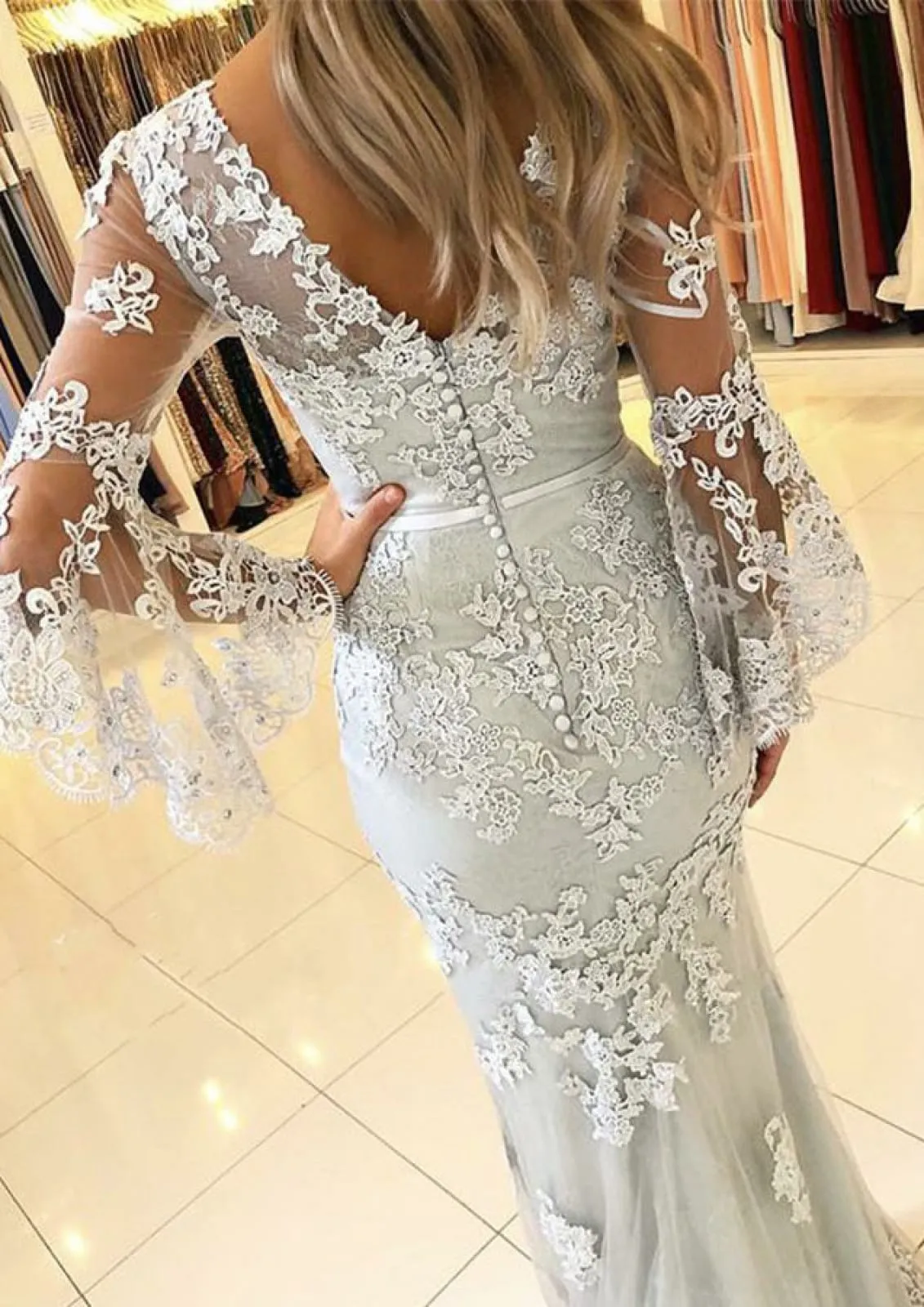 Mermaid Double V Neck Bell Sleeve Tulle White Wedding Evening Dress, Lace