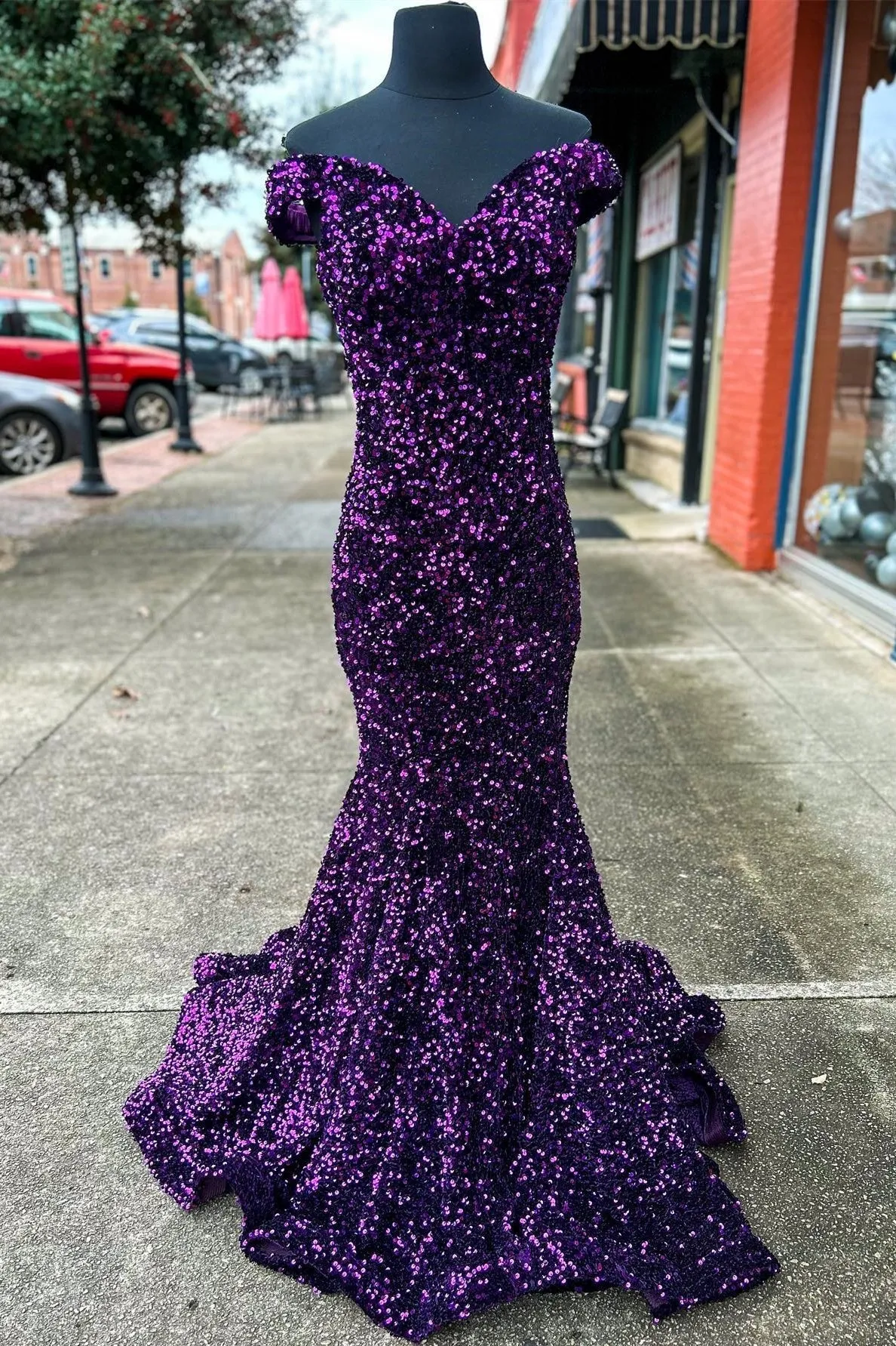 Mermaid Off-the-Shoulder Light Blue Sequins Long Prom Dress