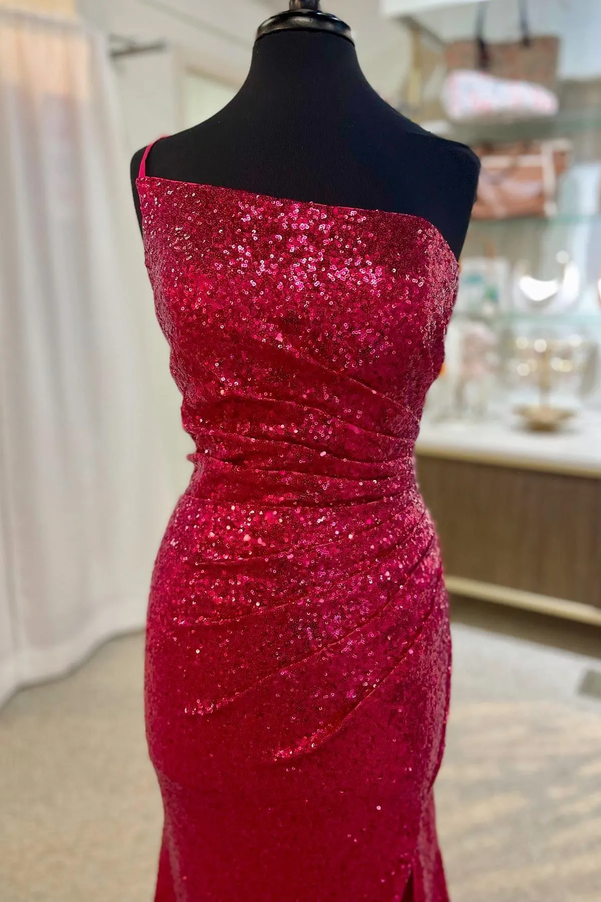 Mermaid One Shoulder Sequins Long Prom Dress with Slit