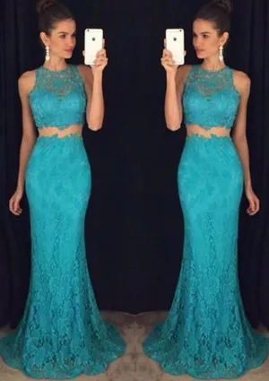 Mermaid Sleeveless Sweep Turquoise Lace Two Piece Long Prom Dress, Beaded