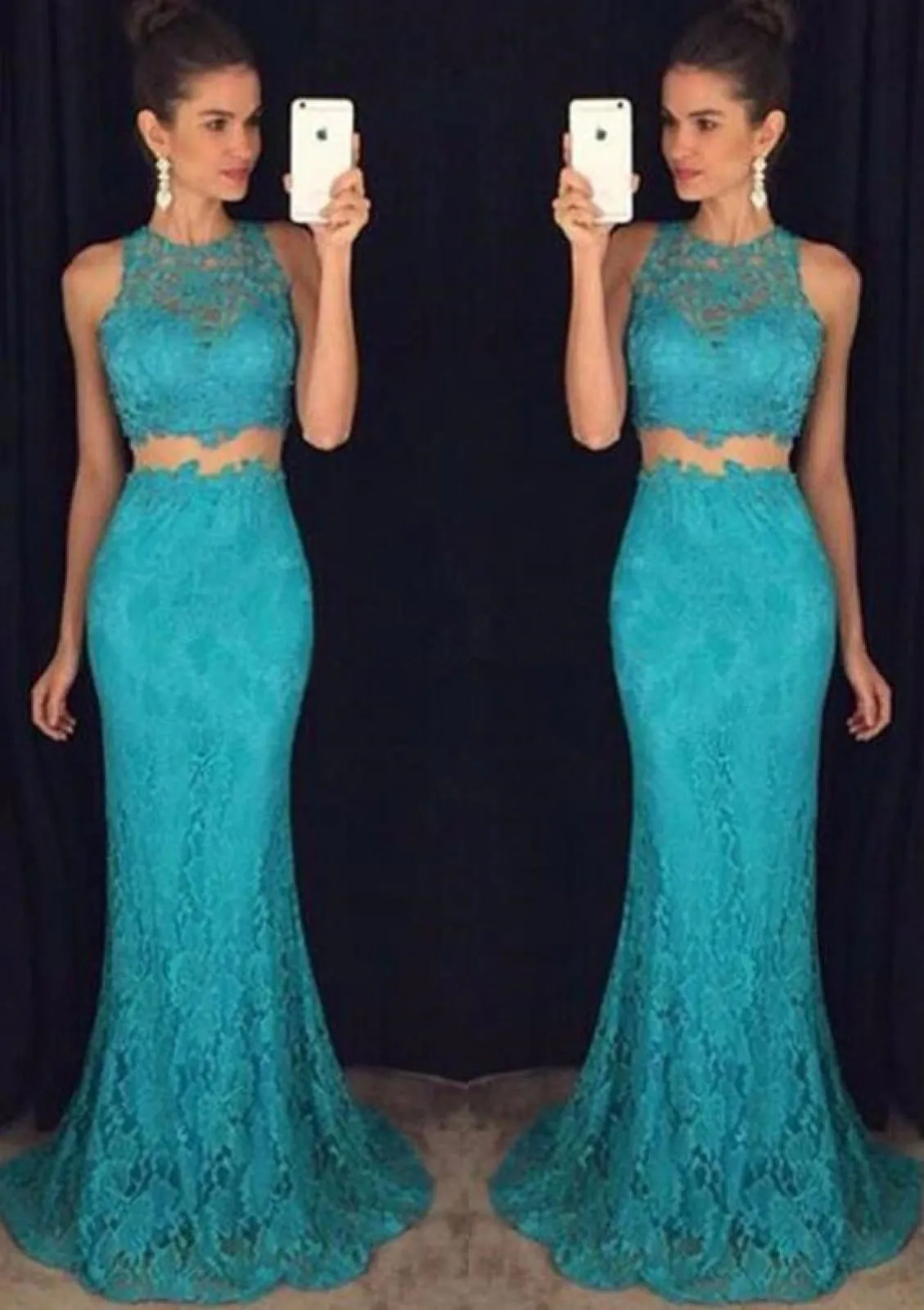 Mermaid Sleeveless Sweep Turquoise Lace Two Piece Long Prom Dress, Beaded