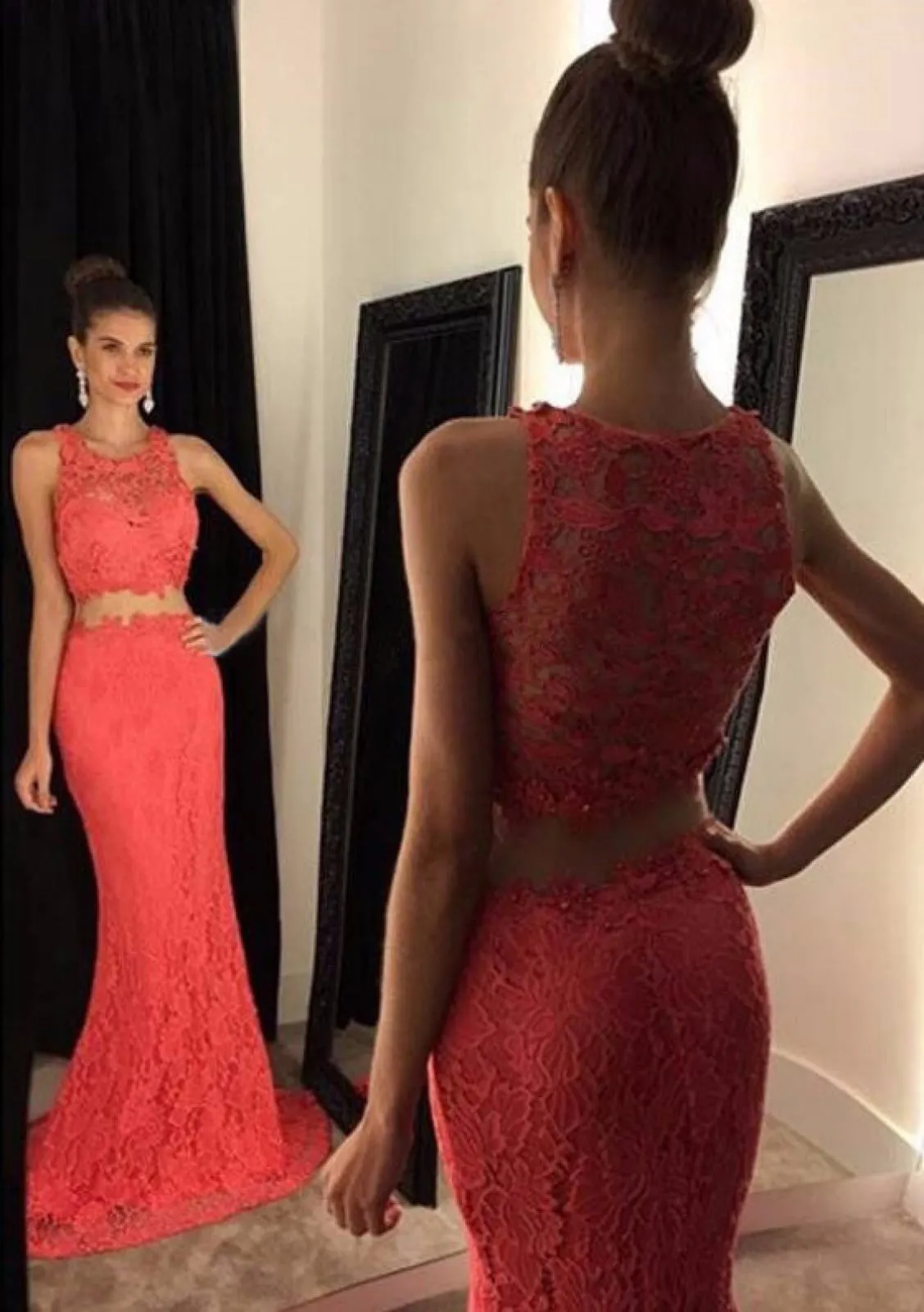 Mermaid Sleeveless Sweep Turquoise Lace Two Piece Long Prom Dress, Beaded