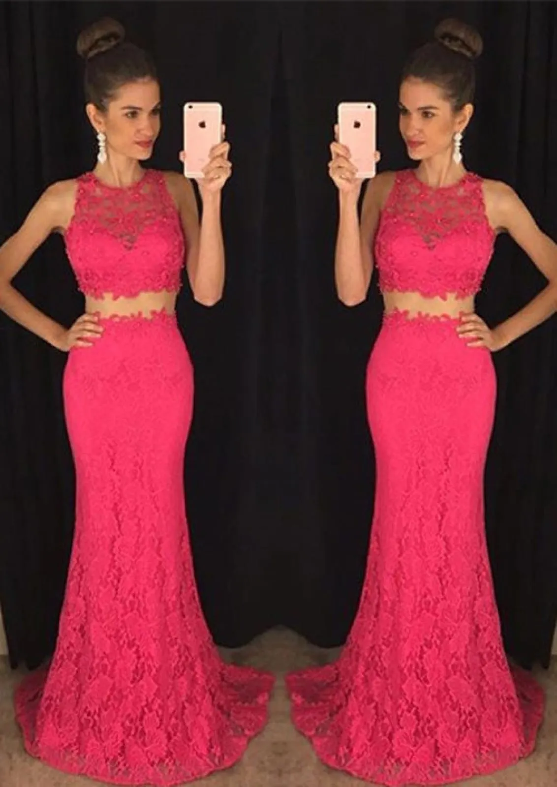 Mermaid Sleeveless Sweep Turquoise Lace Two Piece Long Prom Dress, Beaded