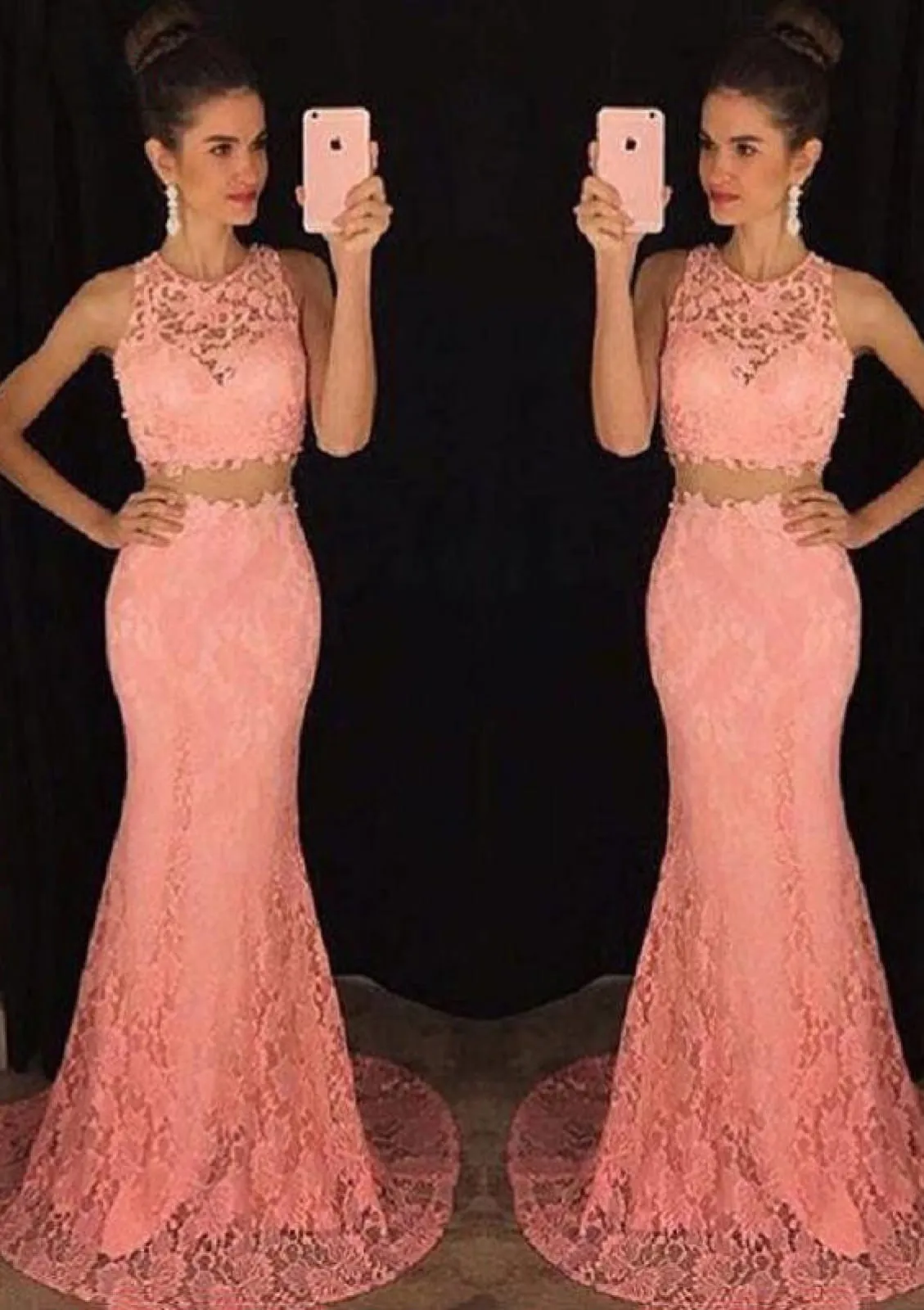 Mermaid Sleeveless Sweep Turquoise Lace Two Piece Long Prom Dress, Beaded