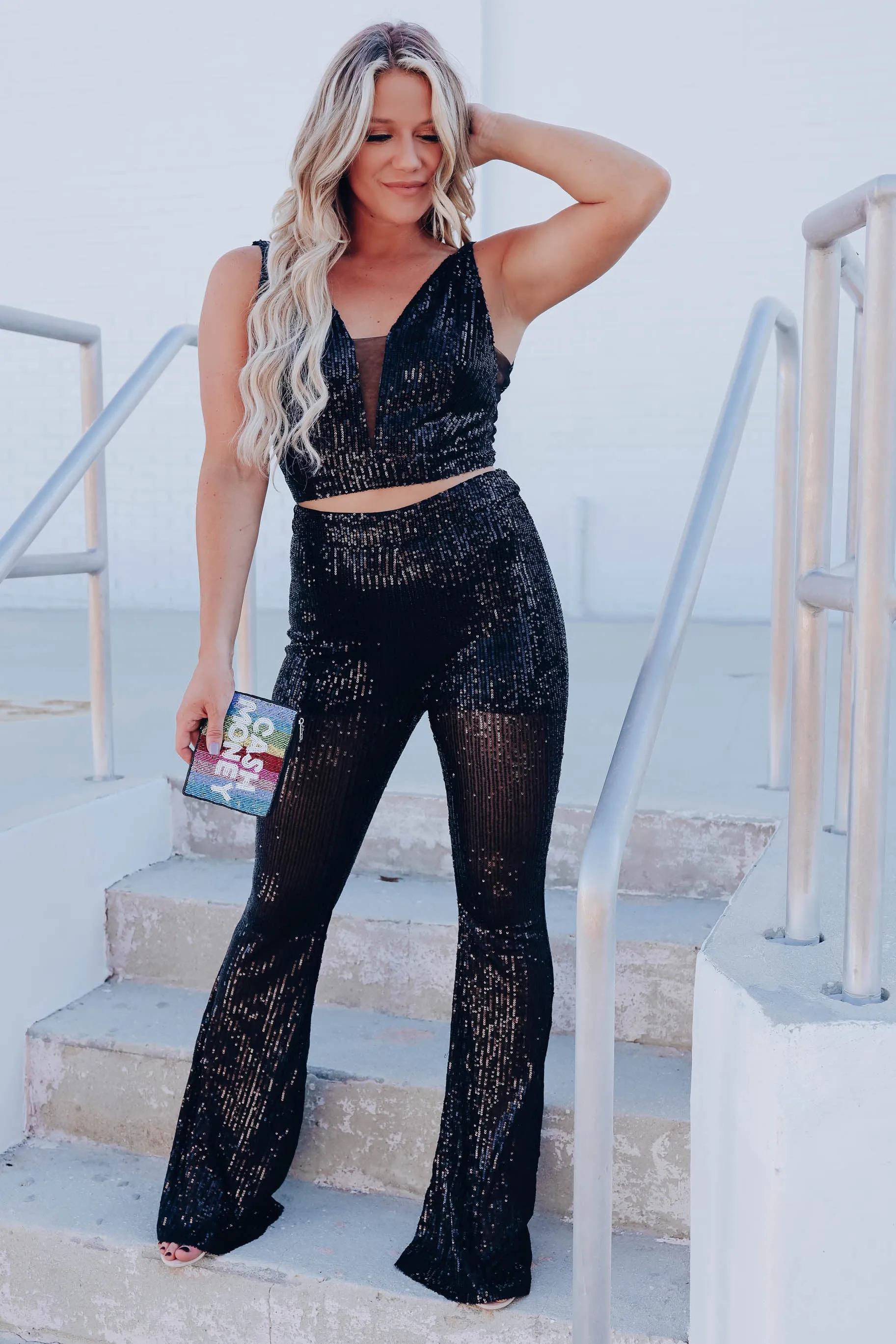 Miami Sequin Flare and Crop Set - Black