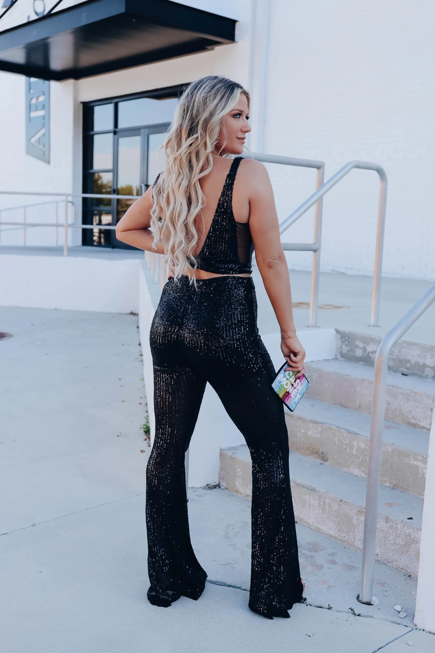 Miami Sequin Flare and Crop Set - Black