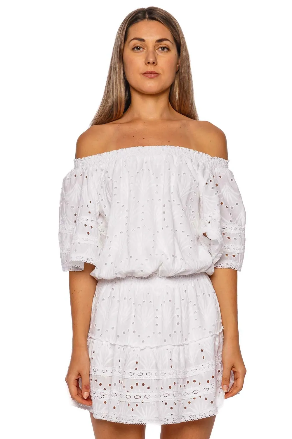 Micha White Embroidered Off Shoulder Cover Up