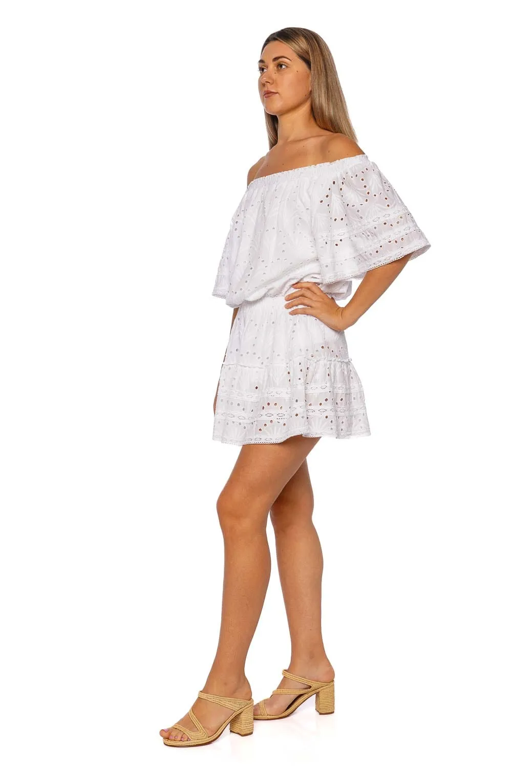 Micha White Embroidered Off Shoulder Cover Up