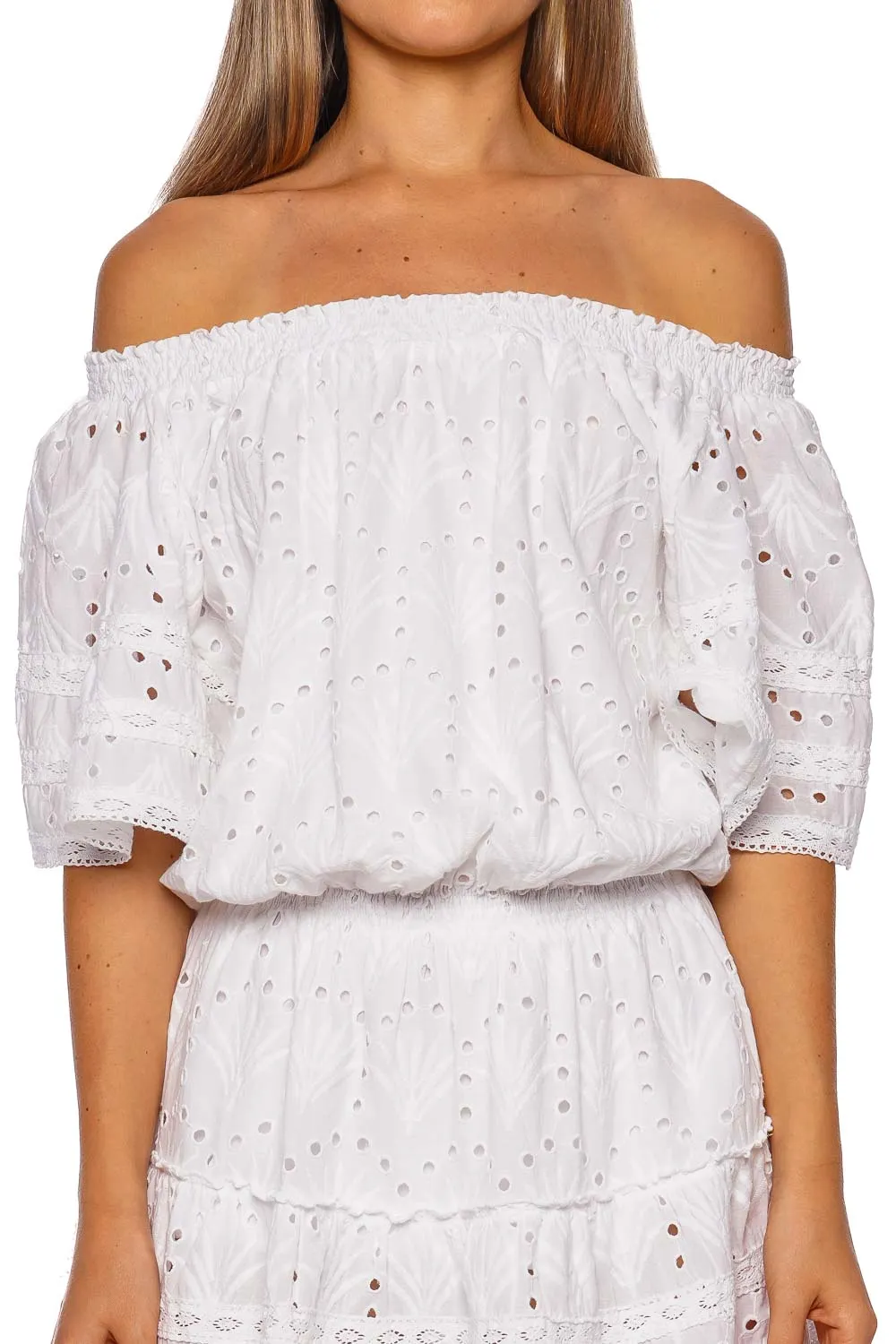 Micha White Embroidered Off Shoulder Cover Up