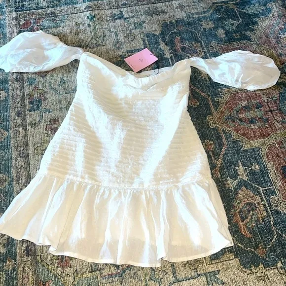 Milkmaid Ruffle Mini Dress Puff Sleeve Cloud Cinch Off Shoulder NEW Boho Cottage