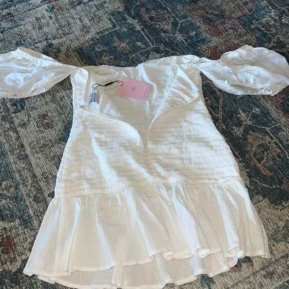 Milkmaid Ruffle Mini Dress Puff Sleeve Cloud Cinch Off Shoulder NEW Boho Cottage