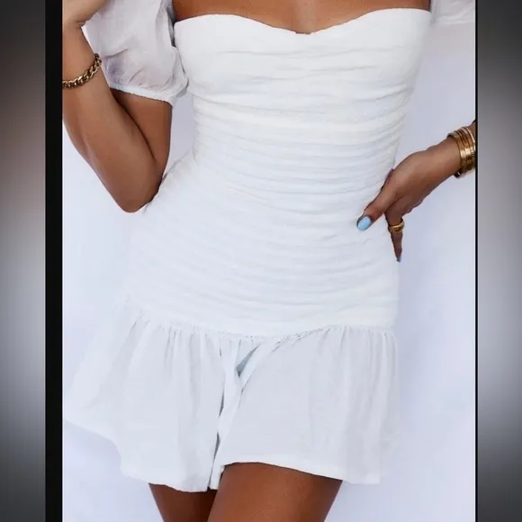 Milkmaid Ruffle Mini Dress Puff Sleeve Cloud Cinch Off Shoulder NEW Boho Cottage
