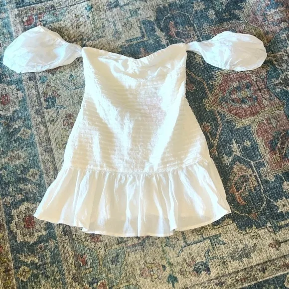 Milkmaid Ruffle Mini Dress Puff Sleeve Cloud Cinch Off Shoulder NEW Boho Cottage