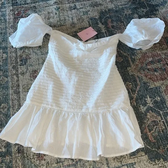 Milkmaid Ruffle Mini Dress Puff Sleeve Cloud Cinch Off Shoulder NEW Boho Cottage