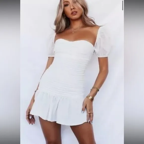 Milkmaid Ruffle Mini Dress Puff Sleeve Cloud Cinch Off Shoulder NEW Boho Cottage