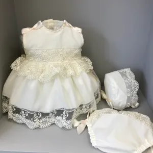 MIMOSINES Candace Lace Embroidered Baby Girls Dress with Bonnet & Bloomers